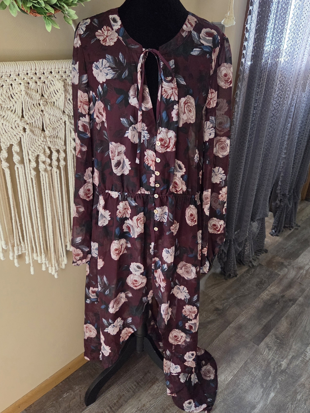 Plus Sheer Burgundy Chiffon Floral Maxi High-Low Fall Floral Dress 0X - Picture 2 of 13